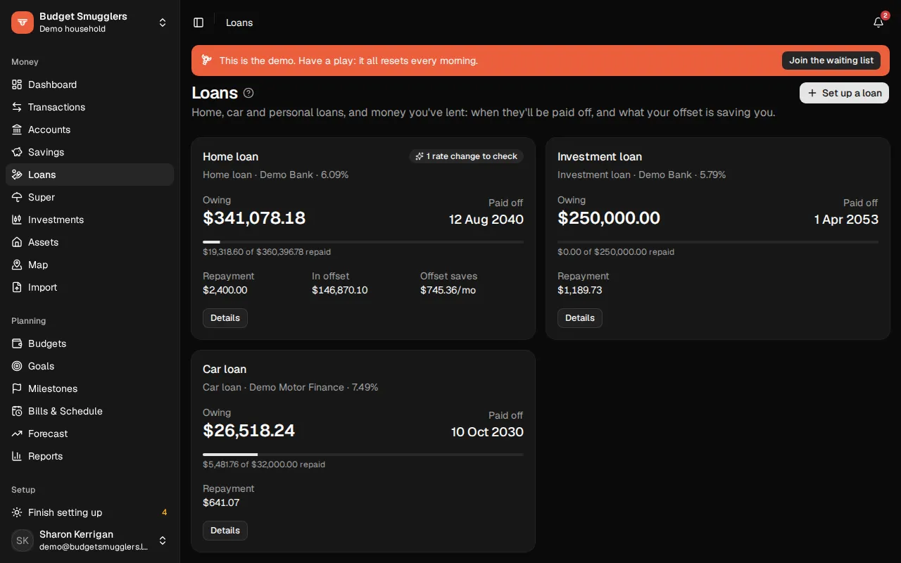 Loans with their payoff dates and offset savings
