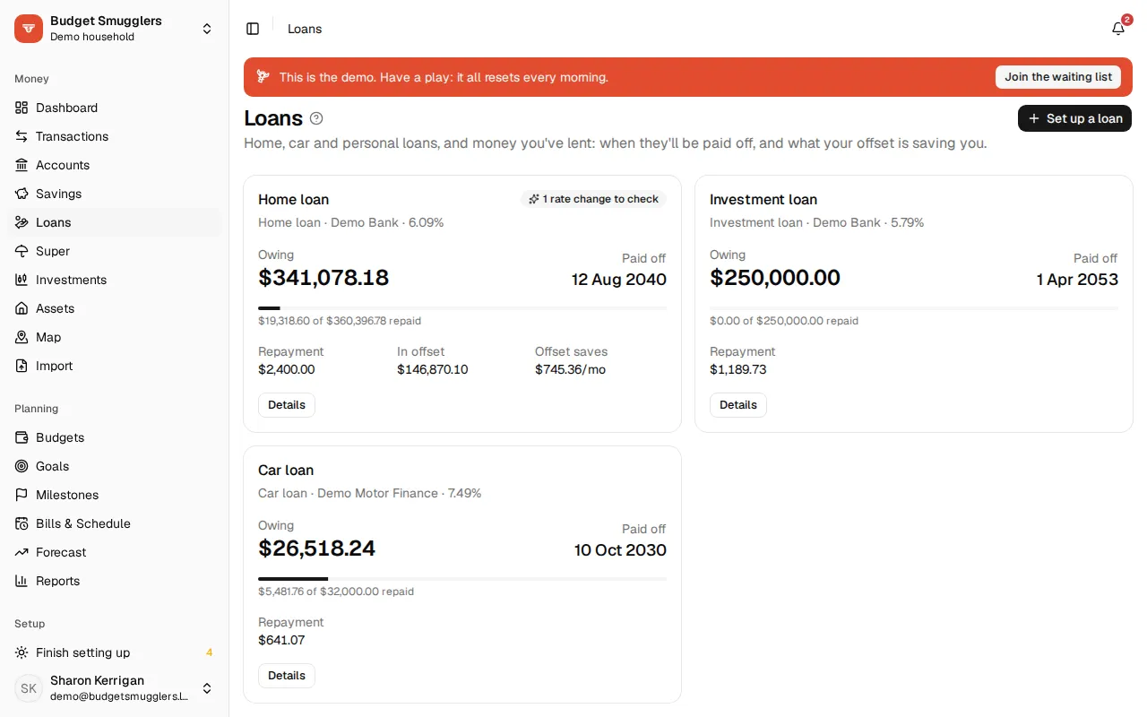 Loans with their payoff dates and offset savings