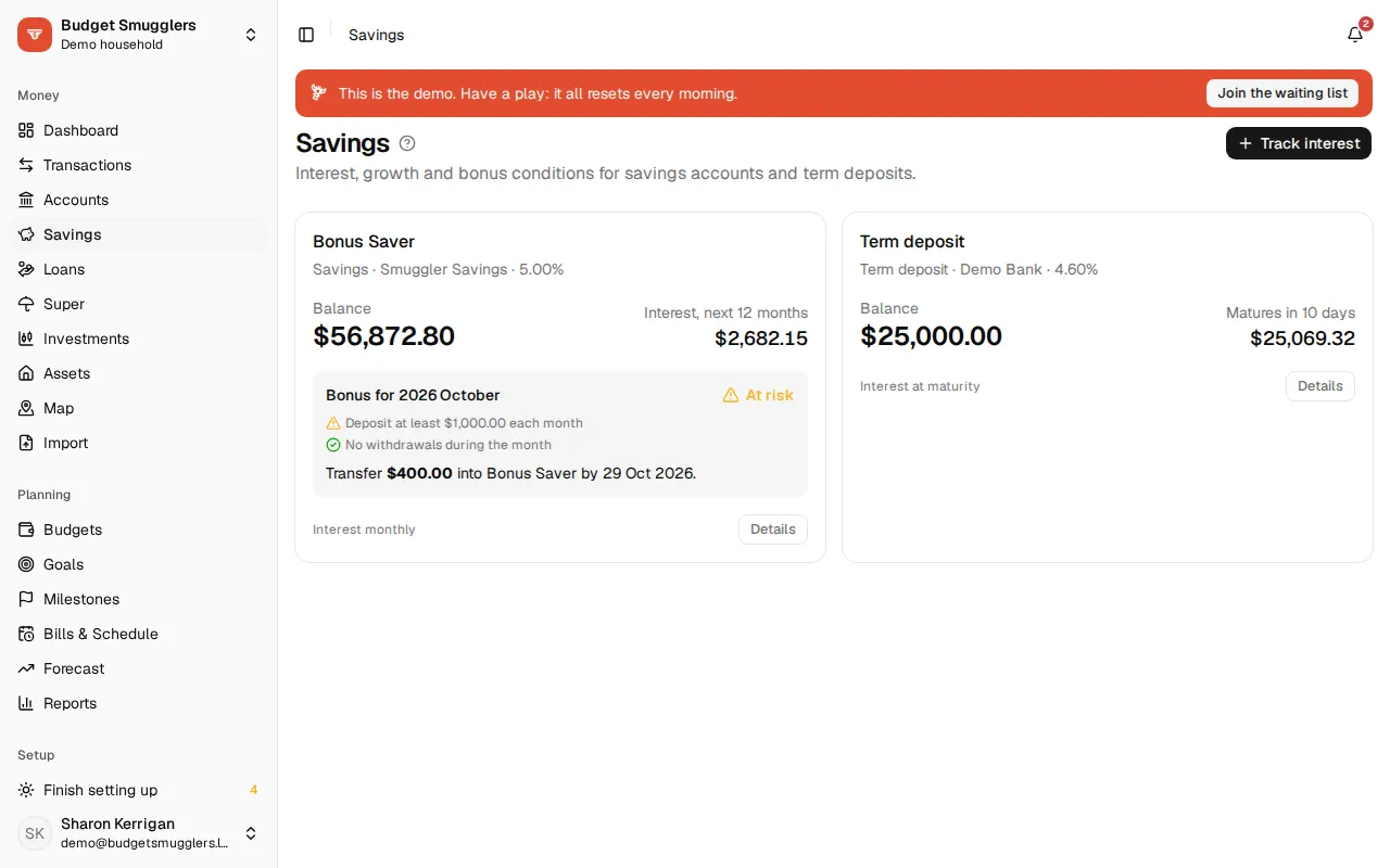 Savings accounts with their interest and bonus conditions