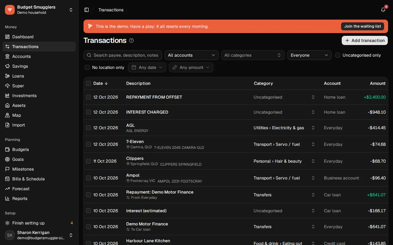 The Transactions page