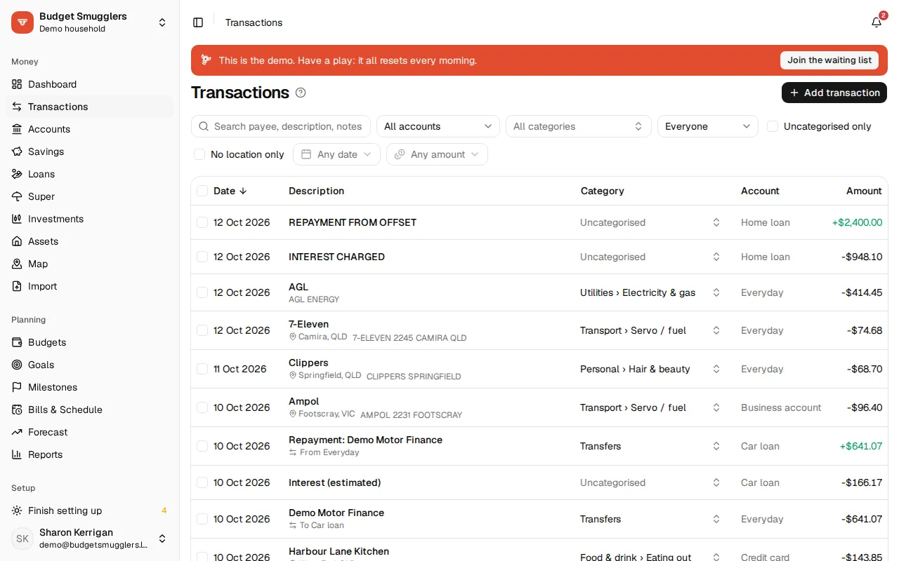 The Transactions page